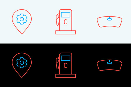 Set line Windshield Location with car service and Petrol or Gas station icon. Vector.のイラスト素材