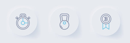Set line Medal Kettlebell and Stopwatch icon. Vector.