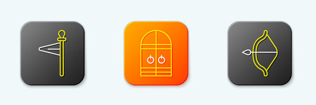 Set line Medieval flag castle gate and bow and arrow icon. Vector.のイラスト素材