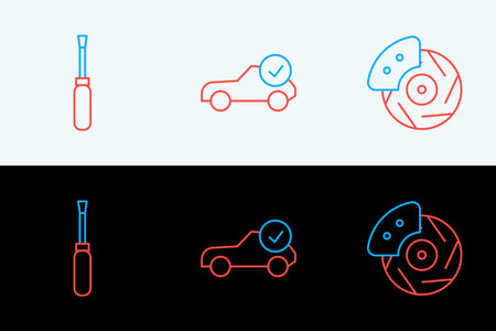 Set line Car brake disk with caliper Screwdriver and Auto service check automotive icon. Vector.のイラスト素材