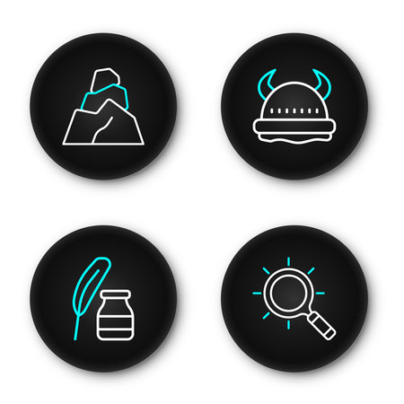 Set line Magnifying glass Feather and inkwell Viking horned helmet and Rock stones icon. Vector.のイラスト素材