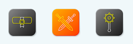 Set line Decree, parchment, scroll, Crossed medieval sword and Medieval chained mace ball icon. Vector.のイラスト素材