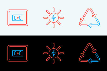 Set line Recycle symbol Electrical outlet and Solar energy panel icon. Vector.のイラスト素材