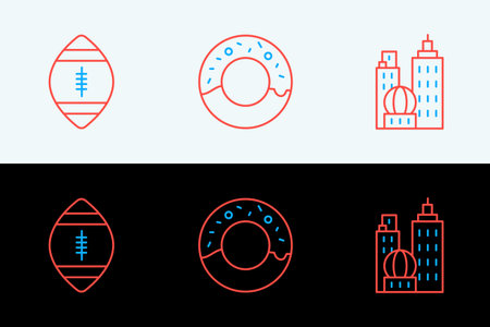 Set line City landscape American Football ball and Donut icon. Vector.のイラスト素材