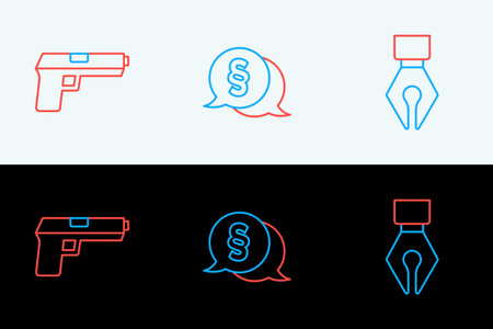 Set line Fountain pen nib Pistol or gun and Law icon. Vector.のイラスト素材