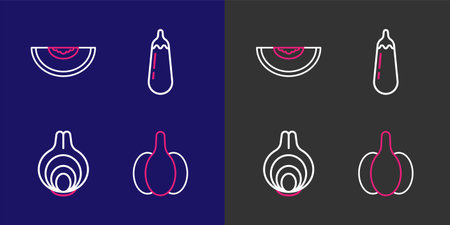 Set line Garlic Onion Eggplant and Melon fruit icon. Vector.のイラスト素材