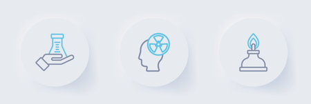 Set line Alcohol or spirit burner Head and radiation symbol and Test tube flask icon. Vector.