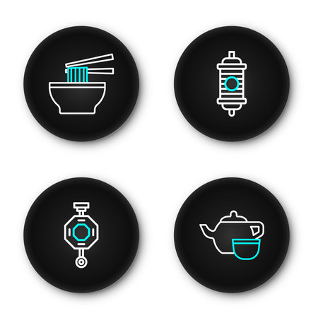 Set line Chinese tea ceremony paper lantern and Asian noodles bowl icon. Vector.のイラスト素材