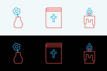 Set line Burning candle Flower vase and Holy bible book icon. Vector.のイラスト素材