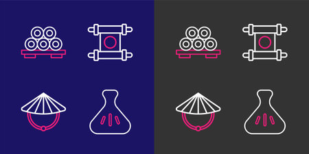 Set line Dumpling Chinese conical straw hat Decree paper parchment scroll and Sushi cutting board icon. Vector.のイラスト素材
