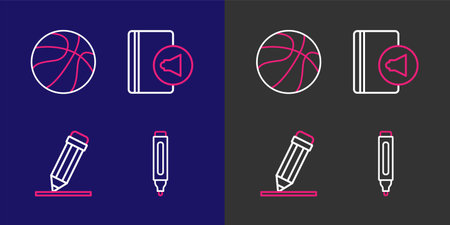 Set line Marker pen Pencil with eraser Audio book and Basketball ball icon. Vector.のイラスト素材