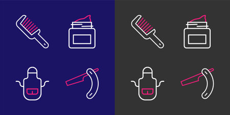 Set line Straight razor Barber apron Cream cosmetic jar and Hairbrush icon. Vector.のイラスト素材