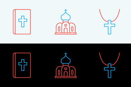 Set line Christian cross on chain, Holy bible book and Church building icon. Vector.のイラスト素材