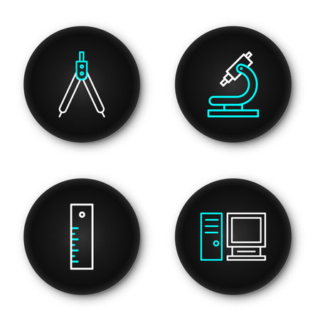 Set line Computer monitor Ruler Microscope and Drawing compass icon. Vector.のイラスト素材