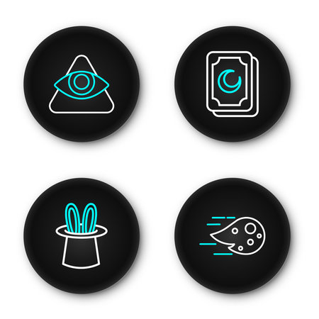 Set line Fireball Magician hat and rabbit ears Tarot cards and All-seeing eye of God icon. Vector.のイラスト素材