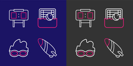Set line Surfboard Glasses for swimming Water polo and Sport mechanical scoreboard icon. Vector.のイラスト素材
