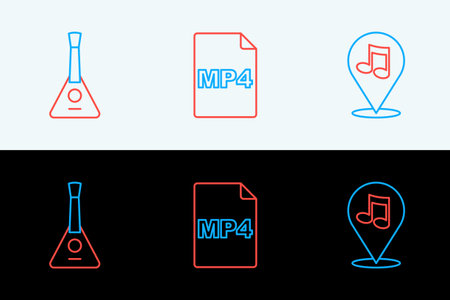 Set line Location musical note, Balalaika and MP4 file document icon. Vector.のイラスト素材