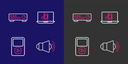 Set line Megaphone, Music player, Laptop with music and Sound mixer controller icon. Vector.のイラスト素材