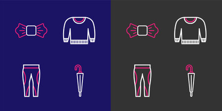 Set line Umbrella, Leggings, Sweater and Bow tie icon. Vector.のイラスト素材