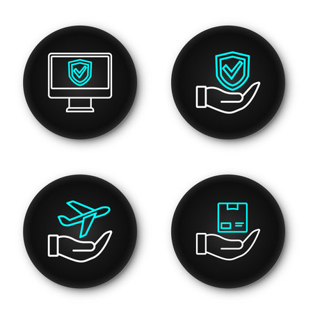 Set line Delivery insurance, Plane hand, Shield and Insurance online icon. Vector.のイラスト素材