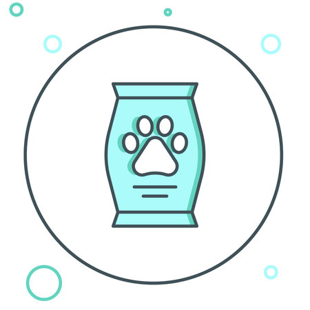 Line Bag of food for dog icon isolated on white background. Dog or cat paw print. Food for animals. Pet food package. Colorful outline concept. Vector.のイラスト素材