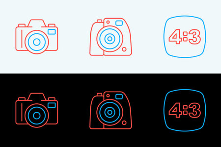 Set line Photo frame 4, camera and icon. Vector.のイラスト素材