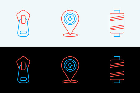 Set line Sewing thread, Zipper and Location tailor shop icon. Vector.のイラスト素材