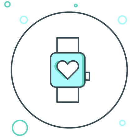 Line Smart watch showing heart beat rate icon isolated on white background. Fitness App concept. Colorful outline concept. Vector.のイラスト素材
