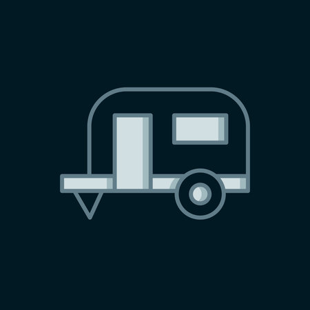 Line Rv Camping trailer icon isolated on black background. Travel mobile home, caravan, home camper for travel. Flat filled outline style with shadow. Vector.のイラスト素材