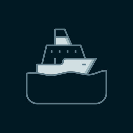 Line Cruise ship icon isolated on black background. Travel tourism nautical transport. Voyage passenger ship, cruise liner. Worldwide cruise. Flat filled outline style with shadow. Vector.のイラスト素材