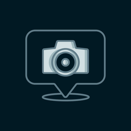 Line Photo camera icon isolated on black background. Foto camera. Digital photography. Flat filled outline style with shadow. Vector.のイラスト素材