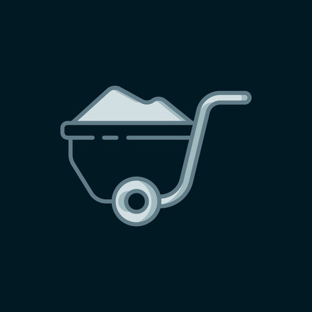 Line Wheelbarrow with dirt icon isolated on black background. Tool equipment. Agriculture cart wheel farm. Flat filled outline style with shadow. Vector.のイラスト素材