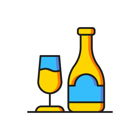 Color Wine bottle with glass icon isolated on white background. Flat filled outline style with shadow. Vector.のイラスト素材