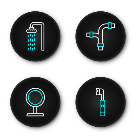 Set line Electric toothbrush Round makeup mirror Industry metallic pipe and Shower icon. Vector.のイラスト素材