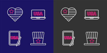 Set line Patriotic American top hat USA on graphic tablet laptop and Independence day icon. Vector.のイラスト素材
