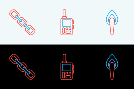 Set line Torch flame Chain link and Walkie talkie icon. Vector.のイラスト素材