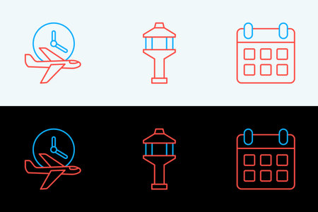 Set line Calendar and airplane Flight time and Airport control tower icon. Vector.のイラスト素材