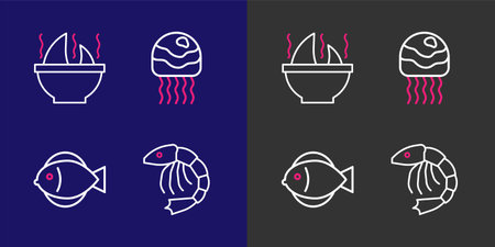 Set line Shrimp Fish Jellyfish and Shark fin soup icon. Vector.のイラスト素材