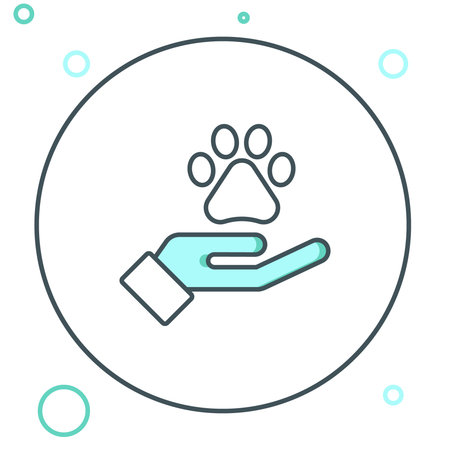 Line Hands with animals footprint icon isolated on white background. Pet paw in heart. Love to the animals. Colorful outline concept. Vector.のイラスト素材
