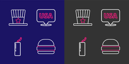 Set line Burger Dynamite bomb USA Independence day and Patriotic American top hat icon. Vector.のイラスト素材