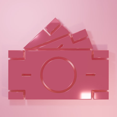 Pink Stacks paper money cash icon isolated on pink background. Money banknotes stacks. Bill currency. Minimalism concept. 3D render illustration.の写真素材