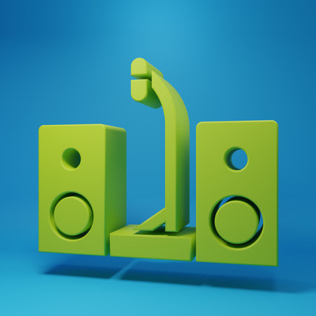 Green Home stereo with two speaker s icon isolated on blue background. Music system. Minimalism concept. 3D render illustration.の写真素材