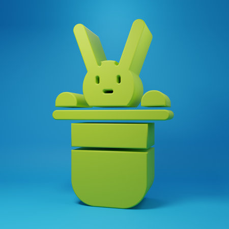 Green Magician hat and rabbit icon isolated on blue background. Magic trick. Mystery entertainment concept. Minimalism concept. 3D render illustration.の写真素材