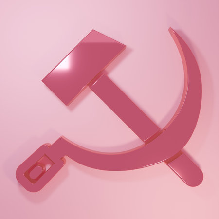 Pink Hammer and sickle USSR icon isolated on pink background. Symbol Soviet Union. Minimalism concept. 3D render illustration.の写真素材