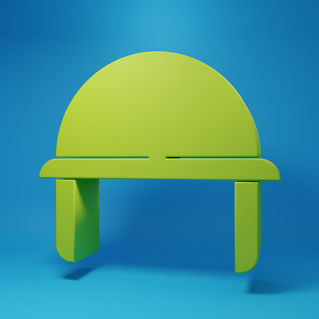 Green Military helmet icon isolated on blue background. Protective hat. Minimalism concept. 3D render illustration.の写真素材