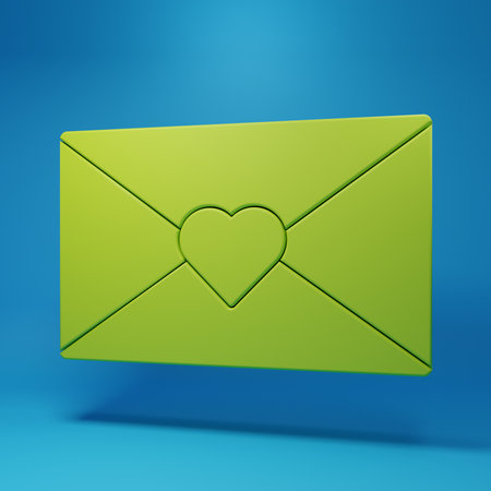 Green Envelope with Valentine heart icon isolated on blue background. Message love. Letter love and...