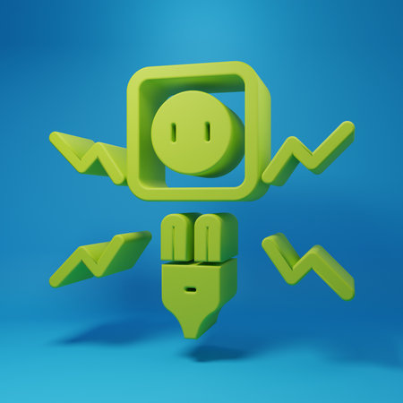 Green Connecting electric plug with electricity spark icon isolated on blue background. Minimalism concept. 3D render illustration.の写真素材