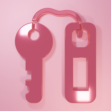 Pink Hotel door lock key with number tag icon isolated on pink background. Minimalism concept. 3D...