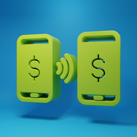 Green Money payment transfer in mobile icon isolated on blue background. Concept of fast pay by purchase. Sending and receiving money. Minimalism concept. 3D render illustration.の写真素材