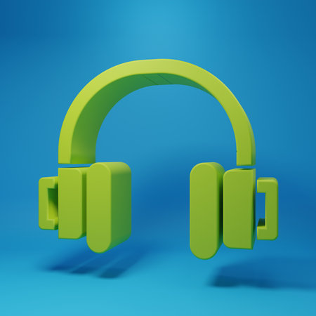 Green Headphones icon isolated on blue background. earphones. Concept for listening to music, service, communication and operator. Minimalism concept. 3D render illustration.の写真素材